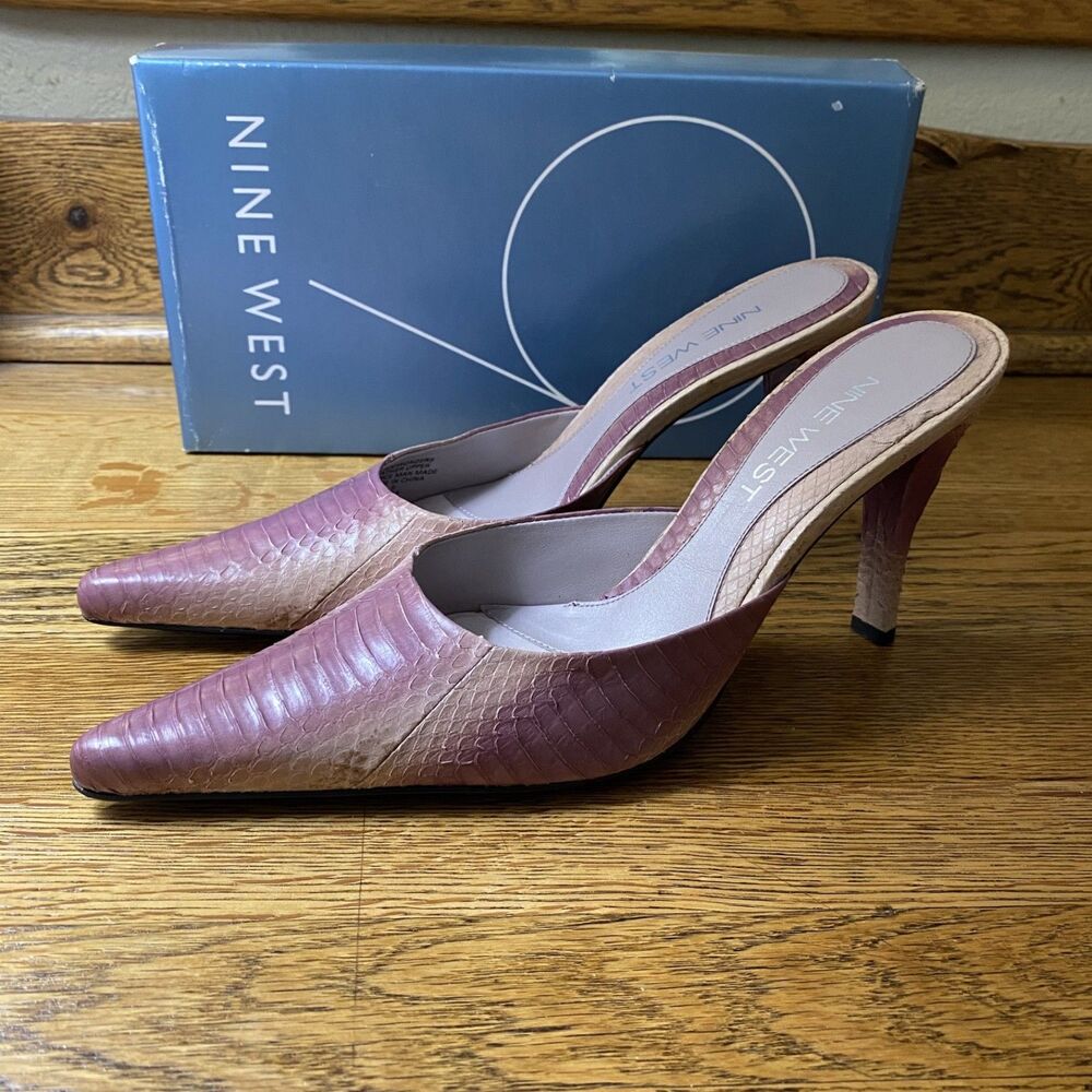 Nine West Womens Heeled Mule Snakeskin Print Shoes Size 7 Pink Slip On